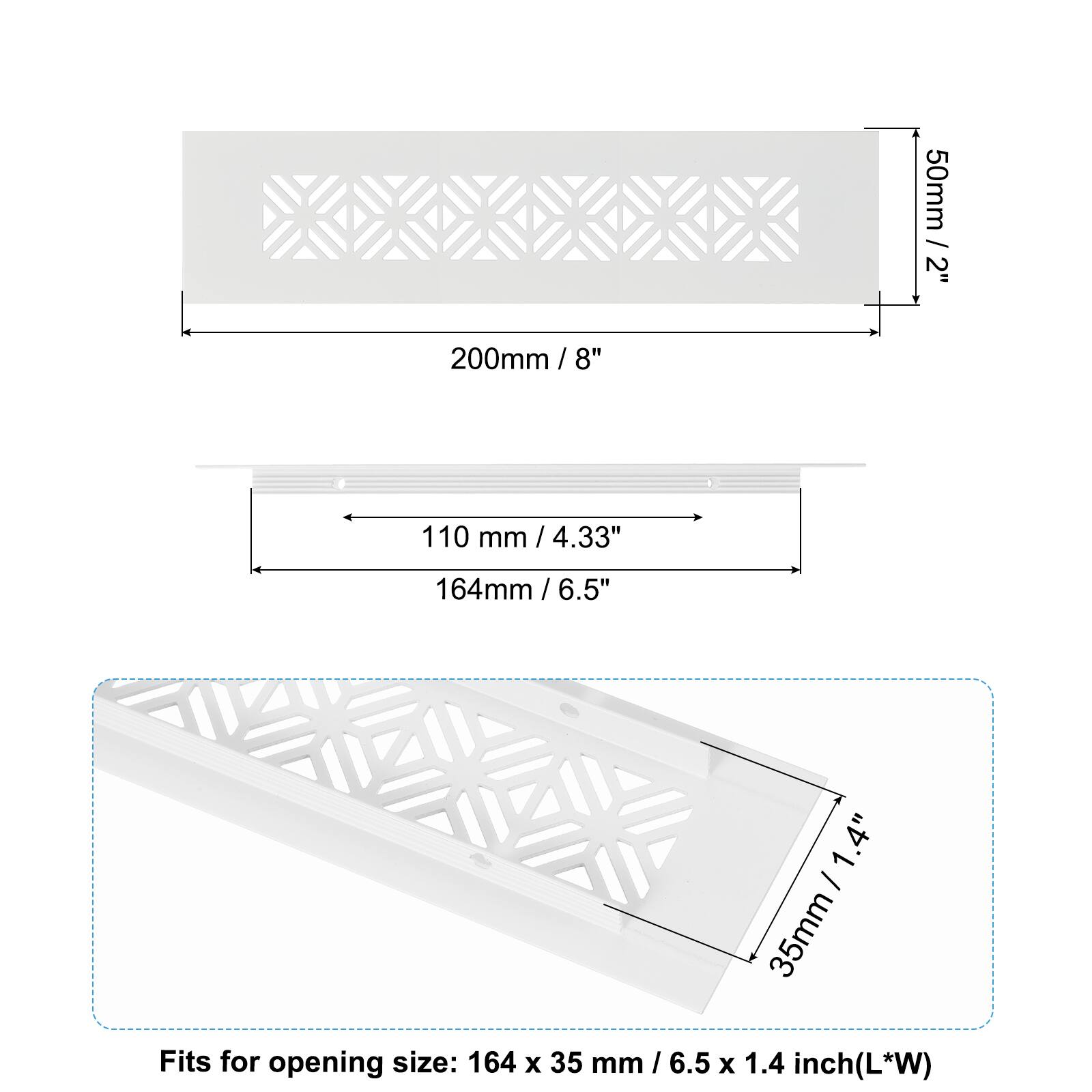 50mm / 2"  
200mm / 8"  
110 mm / 4.33"  
164mm / 6.5"  
35mm / 1.4"  

Fits for opening size: 164 x 35 mm / 6.5 x 1.4 inch (L*W)