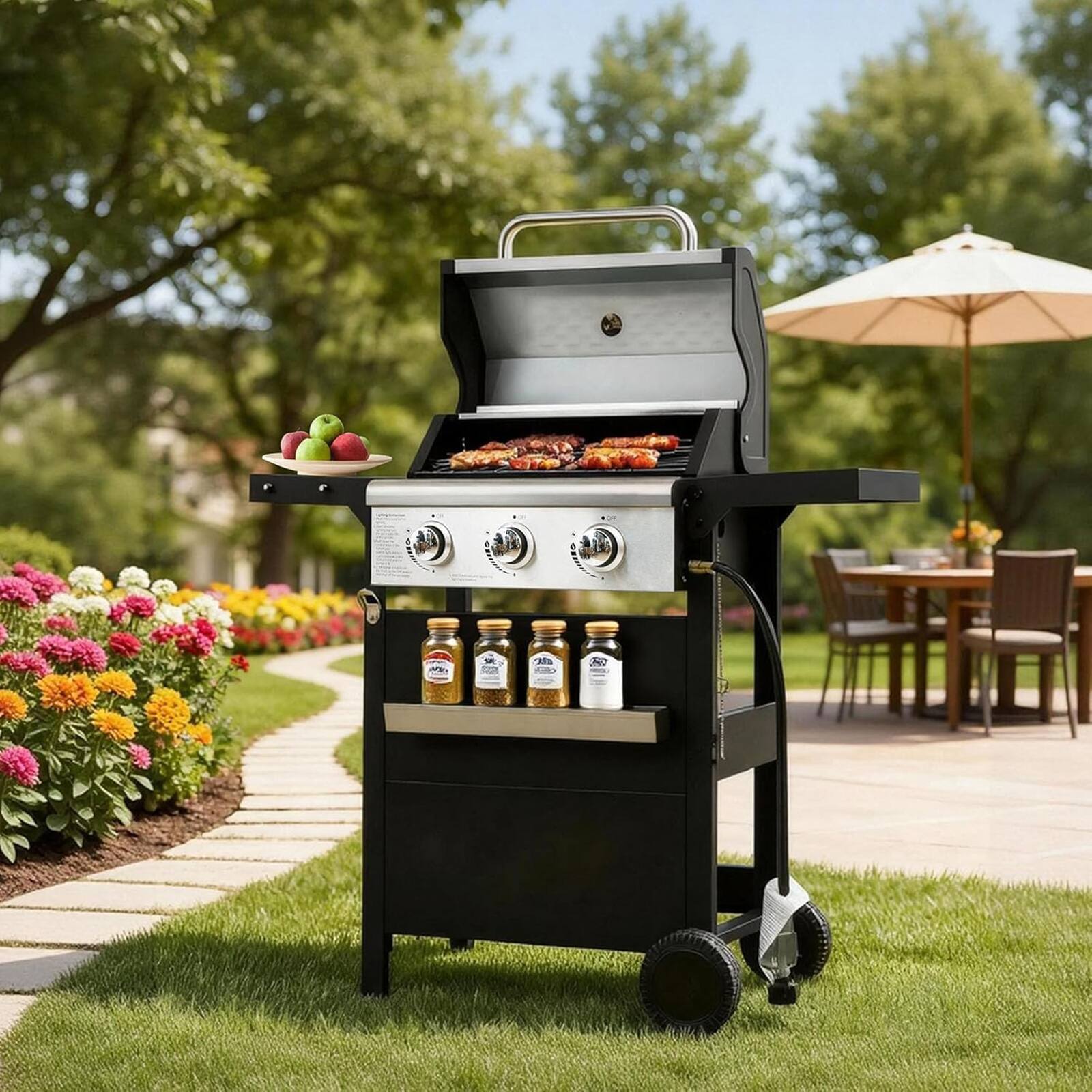 Alt View 1. Chateau Abodes - 3-Burner Propane Gas Grill with Waterproof Cover, 27,000 BTU, Stainless Steel for Outdoor BBQ, Camping, Backyard - Black, Sliver.
