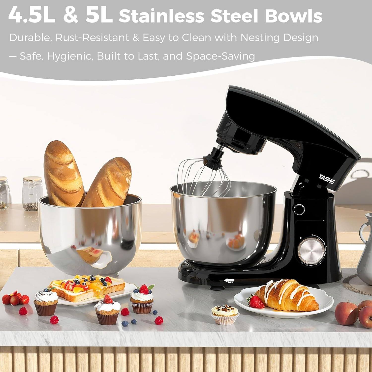 4.5L & 5L Stainless Steel Bowls  
Durable, Rust-Resistant & Easy to Clean with Nesting Design  
— Safe, Hygienic, Built to Last, and Space-Saving