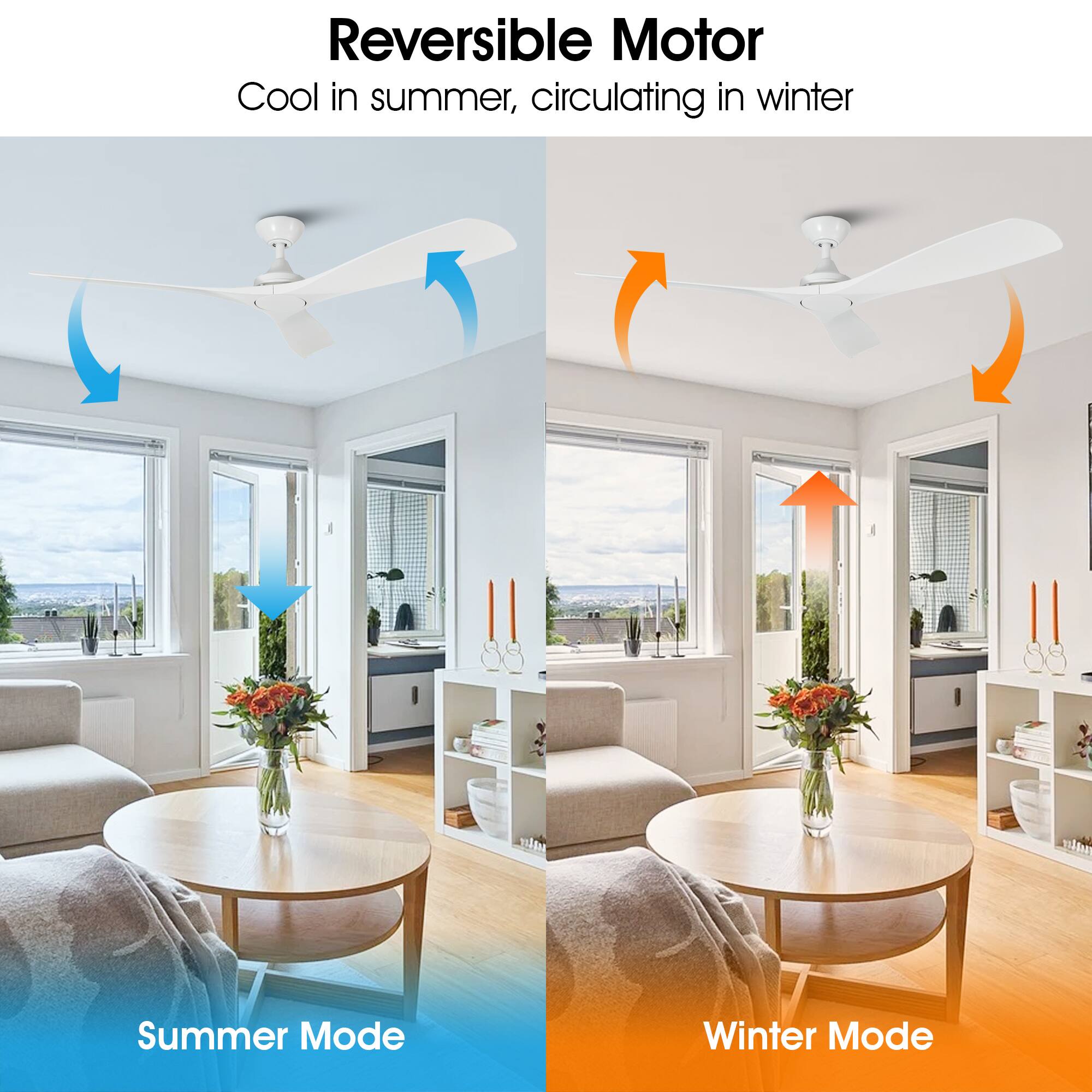 Reversible Motor  
Cool in summer, circulating in winter  

Summer Mode  
Winter Mode
