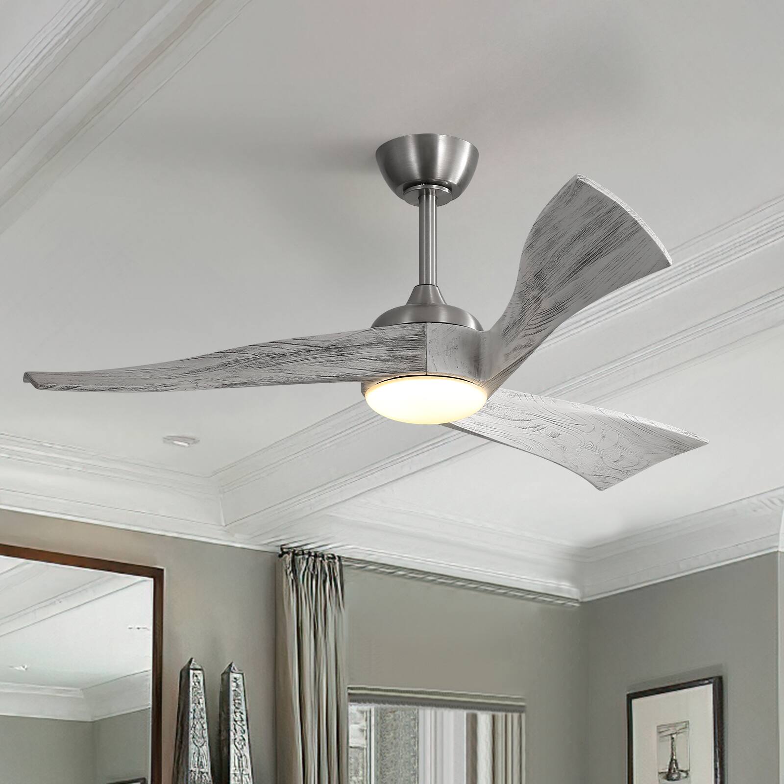 Front. Sofucor - 52'' Curved Solid Wood Ceiling Fan with LED Light and Remote Dimmable 6 Speeds/Quiet DC Grey Wood Bedroom Ceiling Fan - Nickel Grey Wood.