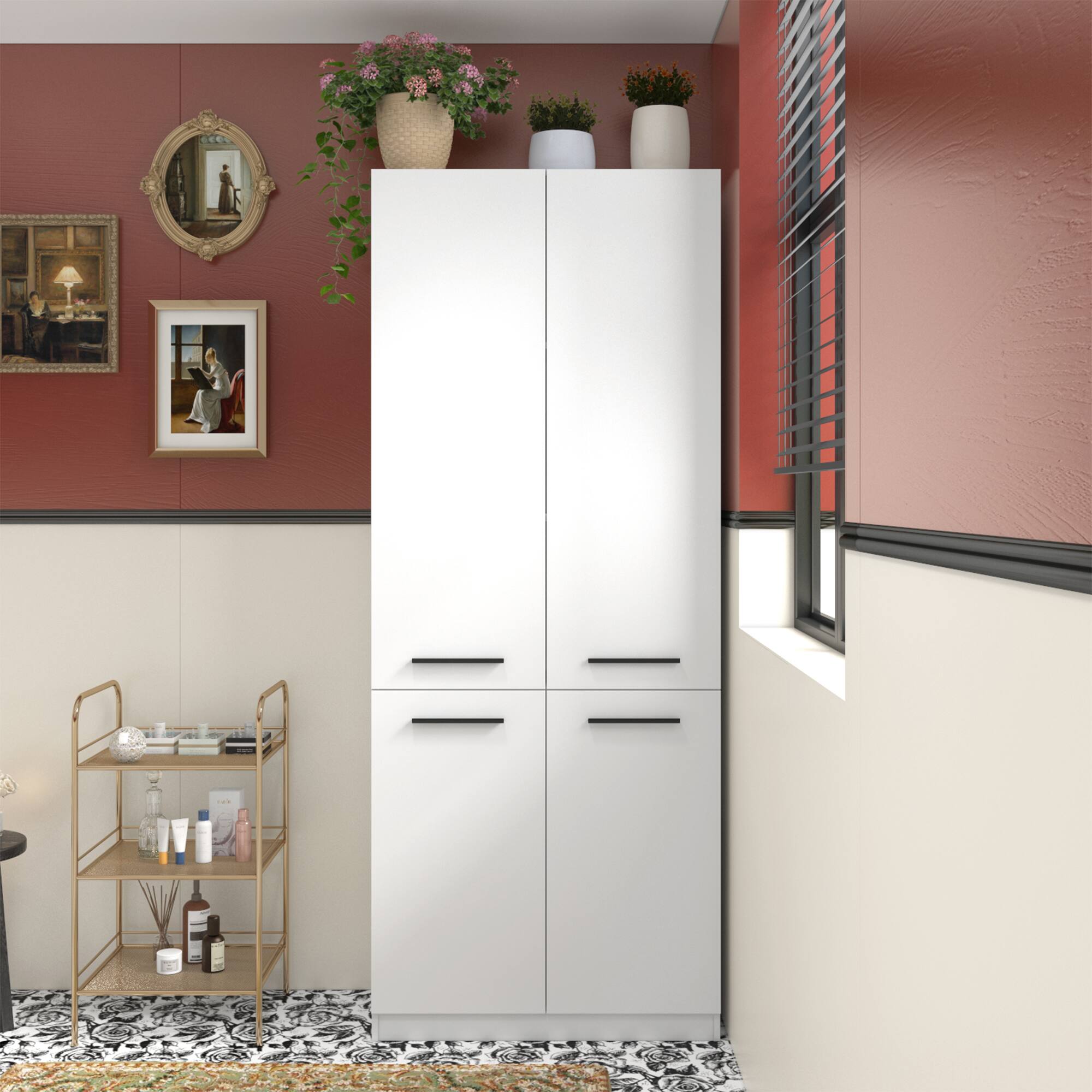 Front. FUFU & GAGA - Bathroom Storage Cabinet with Hidden Laundry Baskets – 78.7" Organizer Unit, Fixed Shelves, Flip‑Out Metal Hampers - White.