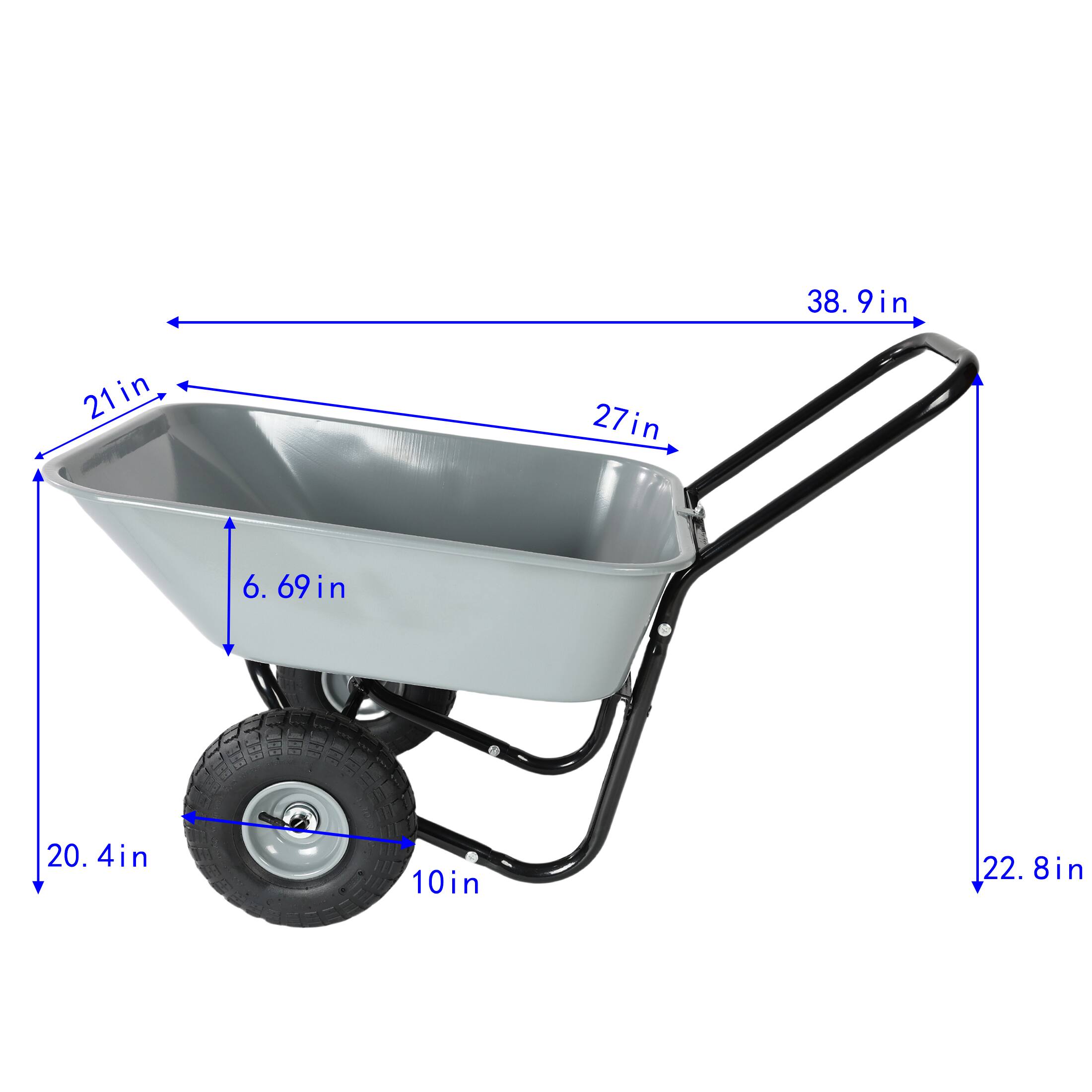 - Length: 38.9 in
- Width: 27 in
- Height: 22.8 in
- Depth: 21 in
- Height of the wheel: 10 in
- Height of the wheel from the ground: 20.4 in
- Height of the wheel from the bottom of the wheelbarrow: 6.69 in