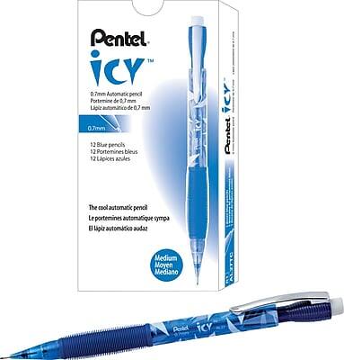 Pentel icy™  
0.7mm Automatic pencil  
Lápiz automático de 0.7 mm  
Ligiz automático de 0,7 mm  
12 Blue pencils  
12 Portemines bleus  
12 Lápices azules  
The cool automatic pencil  
Le portemine automatique sympa  
El lápiz automático audaz  
Medium  
Moyen  
Mediano  
ALZTTC