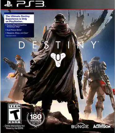 PS3: The Ultimate Destiny Experience is Only on PlayStation. Exodus Blue Competitive Multiplayer Map Dust Palace Strike Weapons, Ships, and Gear. See back of box. DESTINY Y TEEN T ESRB. Online Interactions Not Rated by the ESRB. OVER 180 AWARDS NOMINATIONS. BUNGiE ACTIVISION. - T (Teen 13+)
