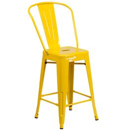Emma + Oliver - Commercial Grade 24"H Colorful Metal Indoor-Outdoor Counter Stool with Back - Yellow