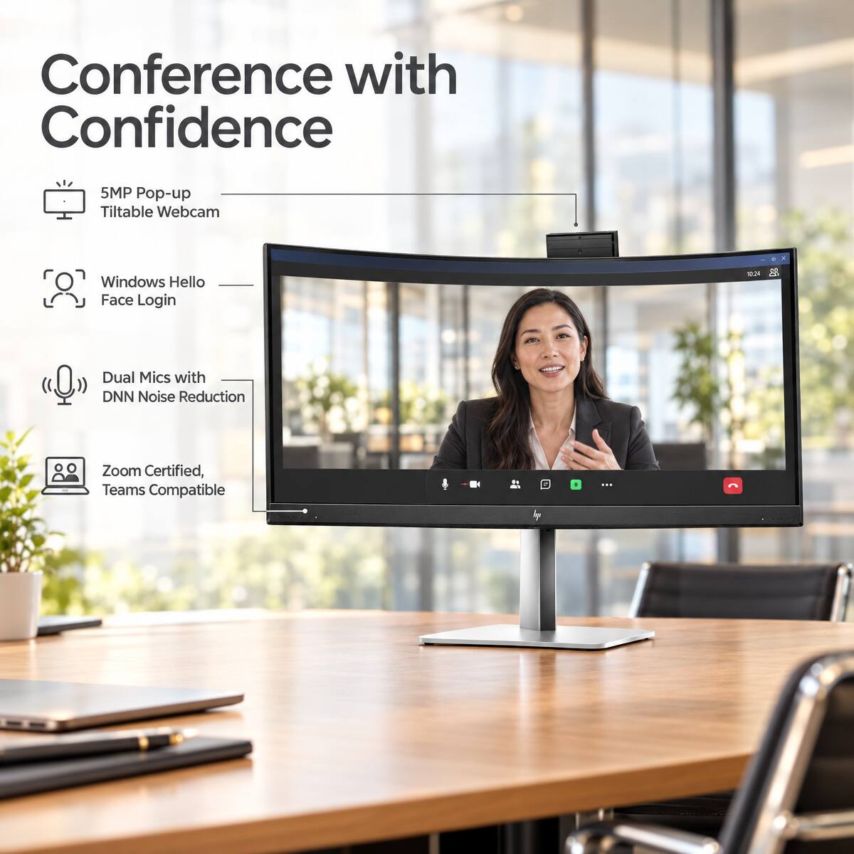Conference with Confidence

5MP Pop-up Tiltable Webcam

Windows Hello Face Login

Dual Mics with DNN Noise Reduction

Zoom Certified, Teams Compatible