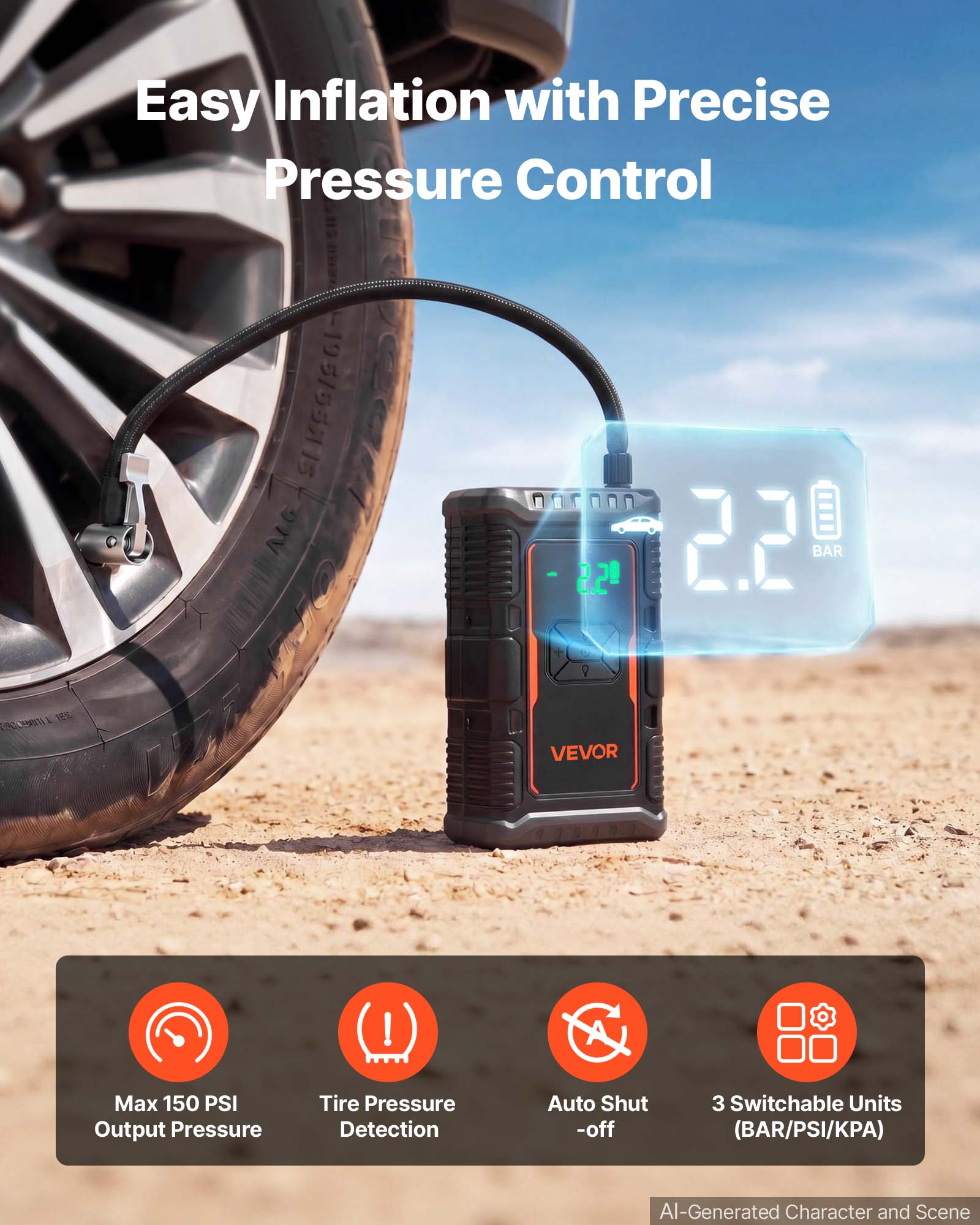 Easy Inflation with Precise Pressure Control

195/55/55/5 ALG 2.2 BAR C.C

16% 19000

VEVOR

Max 150 PSI Output Pressure

Tire Pressure Detection

Auto Shut-off

3 Switchable Units (BAR/PSI/KPA)

AI-Generated Character and Scene