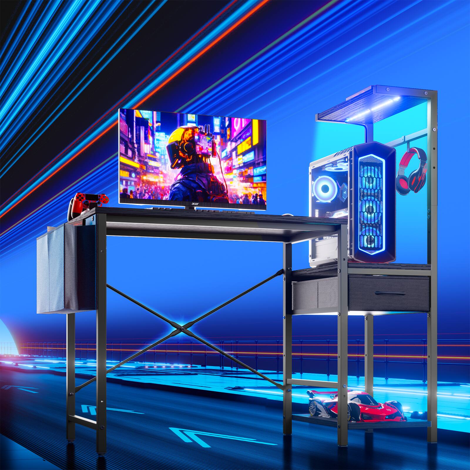 Left. Bestier - Reversible Gaming Desk with Vibrant LED Strip, Elevated CPU Stand, Fabric Side Storage Pocket - Black Grained.