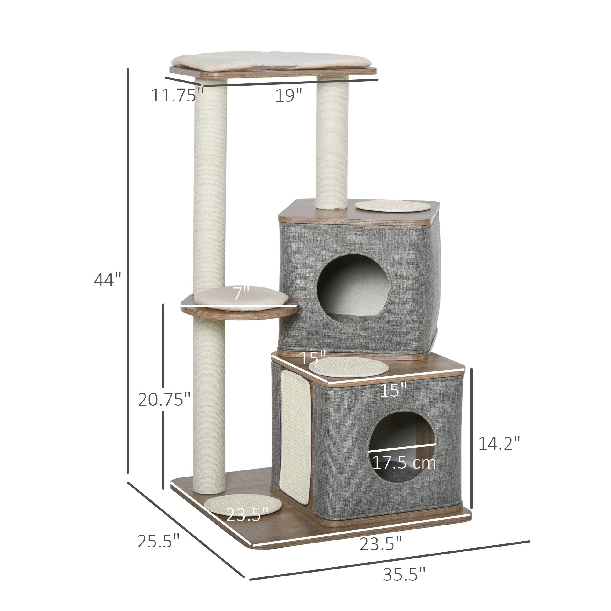 Left. Pawhut - 44" H Feline Cat Tower Tree House with Sisal Scratching Posts, Soft Relaxing Cushions, & Many Perches/Condos - Brown, Grey and White.