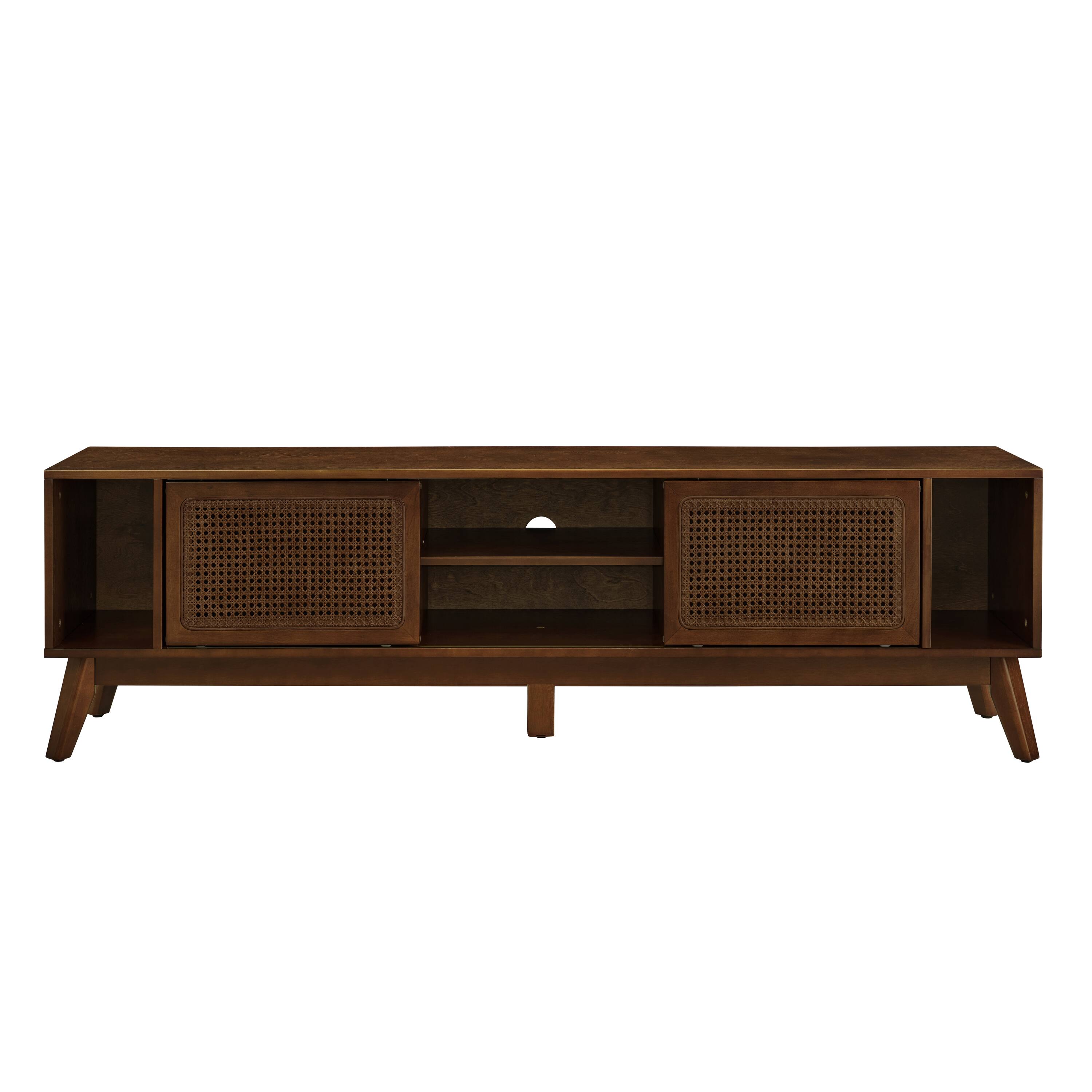 Angle. Spaco - Spaco 67.9 Inch Mid Century Rattan TV Stand for 75" TVs, Solid Wood Feet Media Console, Walnut for Living Room - Walnut Brown.