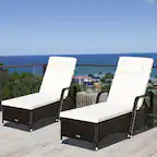 Front. Gymax - Gymax 2PCS Cushioned Outdoor Wicker Chaise Lounge Chair w/ Wheel Adjustable Backrest - brown.