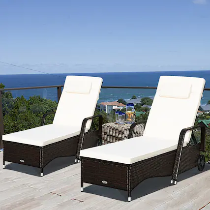 Front. Gymax - Gymax 2PCS Cushioned Outdoor Wicker Chaise Lounge Chair w/ Wheel Adjustable Backrest - brown.