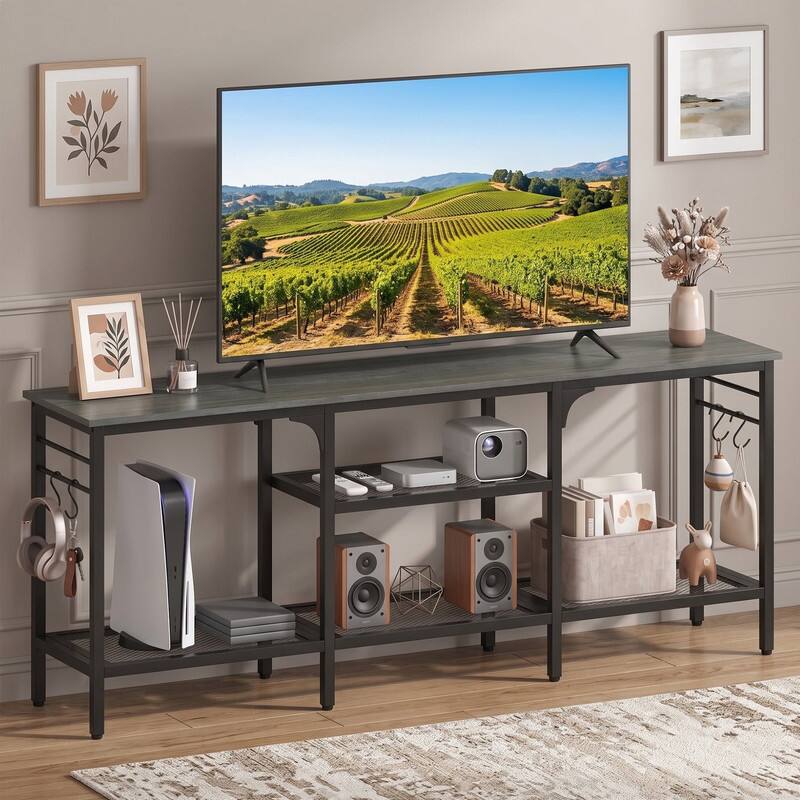 Angle. WELLFOR - Farmhouse TV Stand for TVs up to 65" with 3-Tier Open Shelves and 4 Hooks, Entertainment Center for Living Room - Oak & Black.