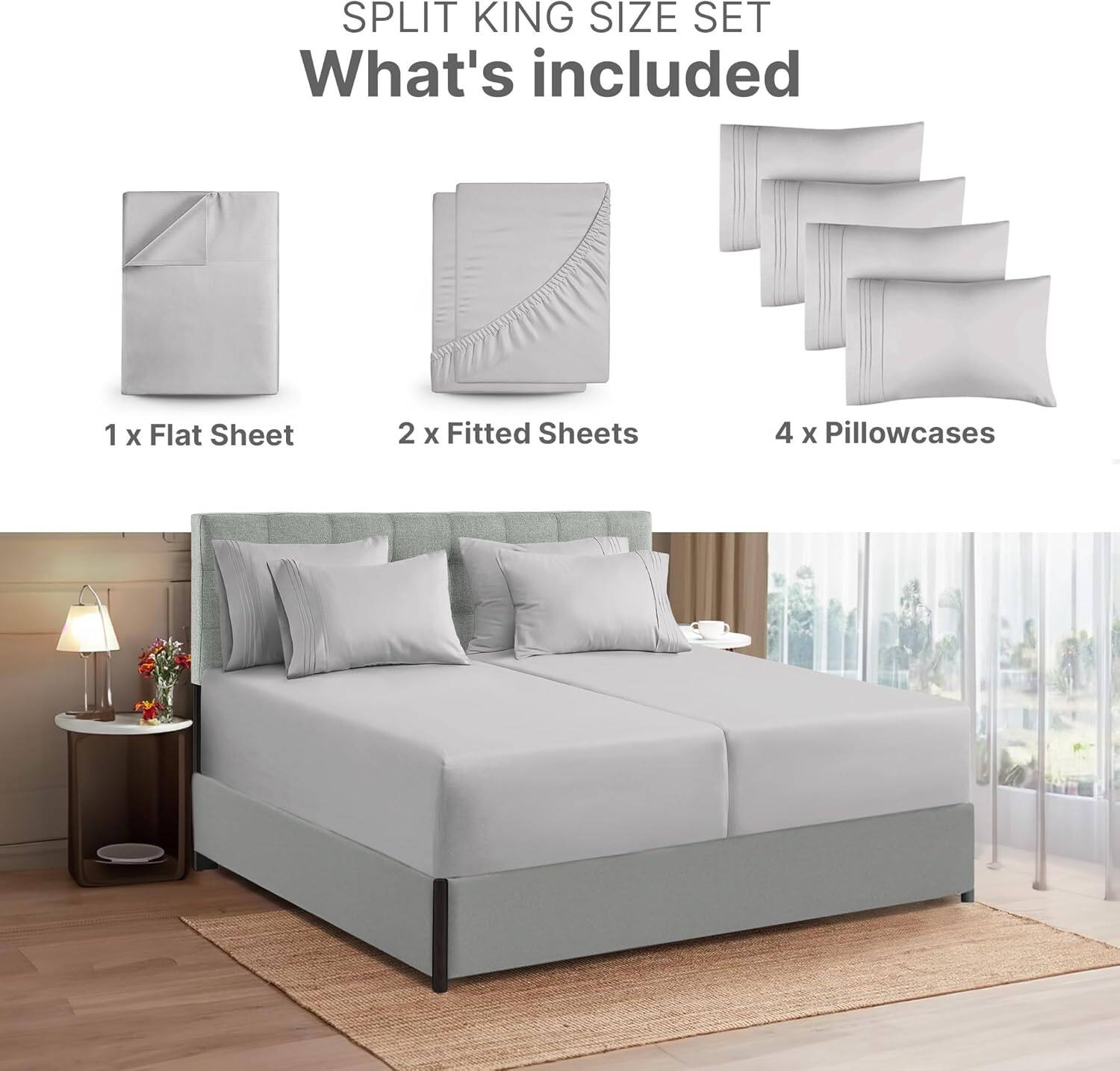 SPLIT KING SIZE SET  
What's included  
1 x Flat Sheet  
2 x Fitted Sheets  
4 x Pillowcases