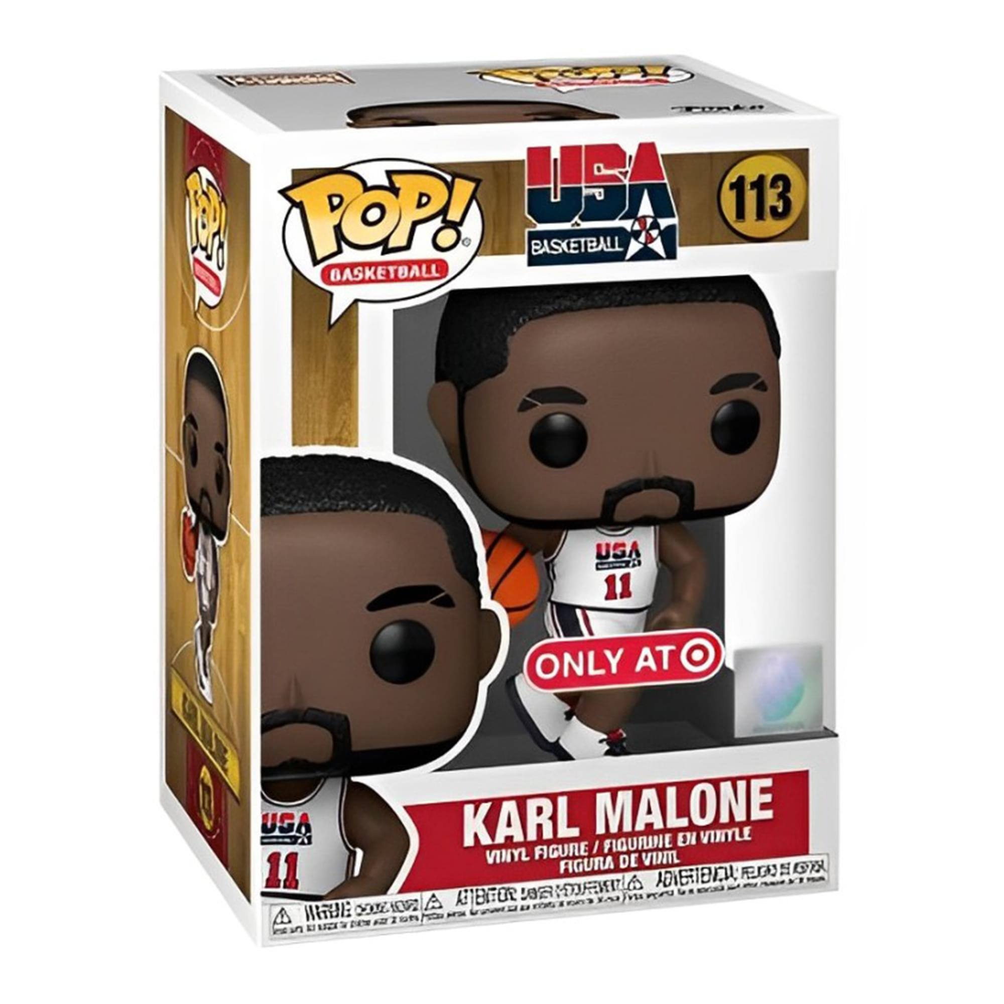Sure, here is the corrected and grouped text from the image:

---

**Front:**
- POP! BASKETBALL
- USA BASKETBALL
- 113
- ONLY AT TARGET
- KARL MALONE
- VINYL FIGURE / FIGURINE EN VINYLE / FIGURA DE VINIL

**Side:**
- USA BASKETBALL
- 11

**Bottom:**
- VINYL FIGURE / FIGURINE EN VINYLE / FIGURA DE VINIL

---