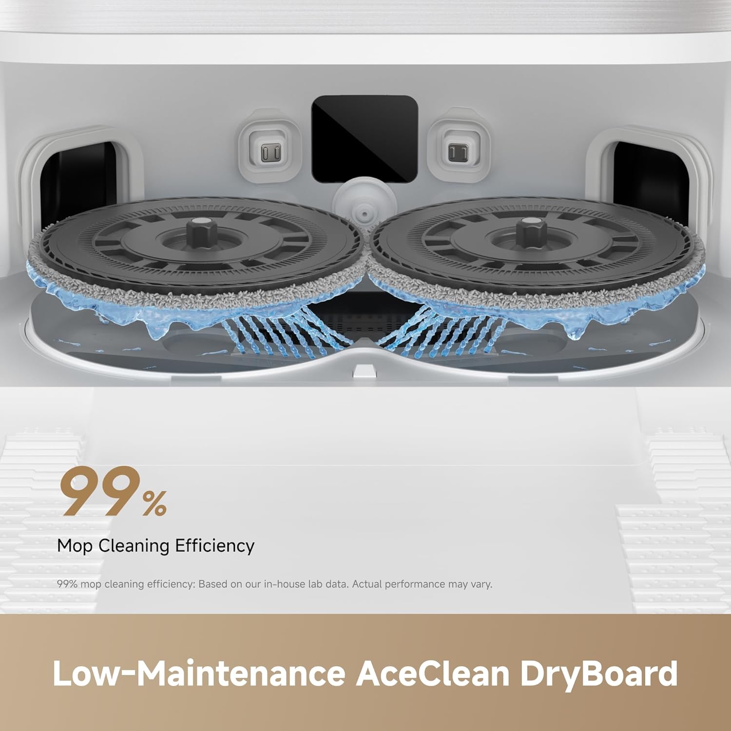 99% Mop Cleaning Efficiency  
99% mop cleaning efficiency: Based on our in-house lab data. Actual performance may vary.  
Low-Maintenance AceClean DryBoard