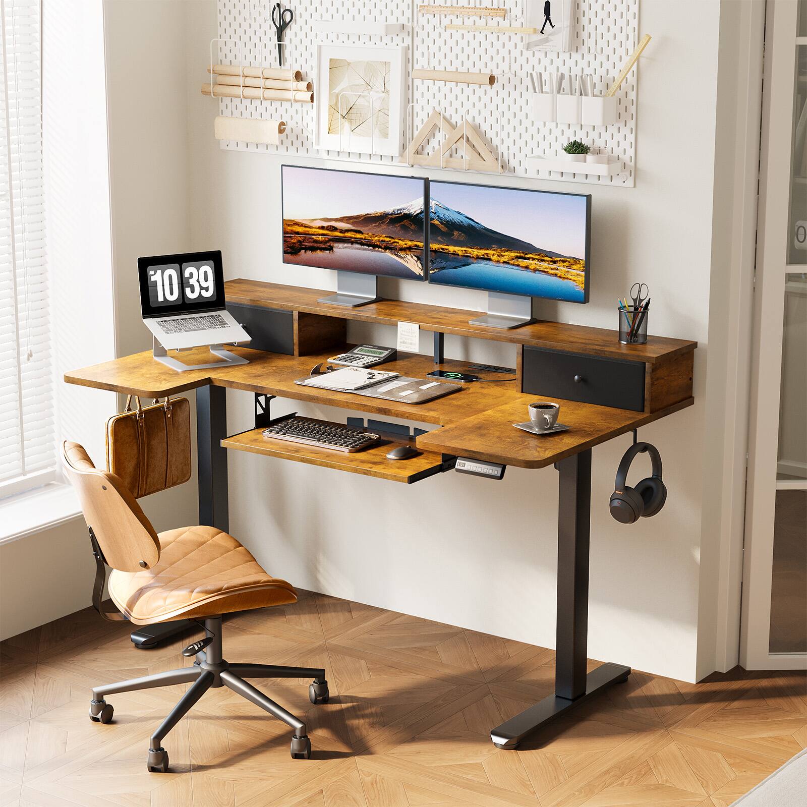 Alt View 1. OffiGo - 55" U Shaped Electric Standing Desk with Drawers, Height Adjustable Sit Stand Table with Power Outlets for Home Office - Rustic Brown.