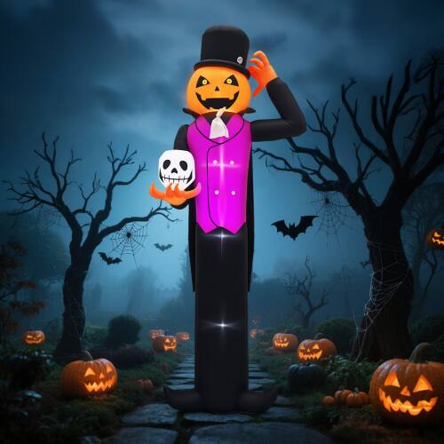 Alt View 9. Winado - 12FT Halloween Inflatable Pumpkin Man Holding Skull with Built-in Lights for Holiday Outdoor Party Garden Decorations - Orange & Purple & Black.