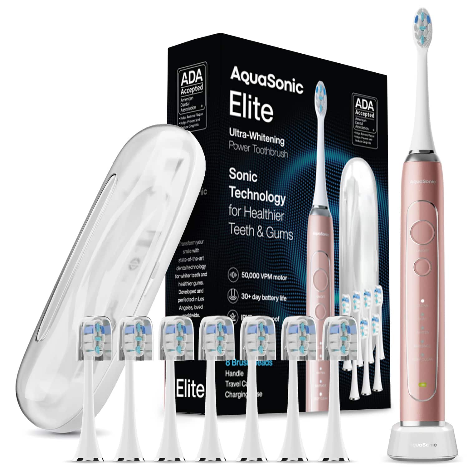 AquaSonic Elite  
Ultra-Whitening Power Toothbrush  

ADA Accepted  
American Dental Association  

Sonic Technology for Healthier Teeth & Gums  

Transform your smile with state-of-the-art dental technology for whiter teeth and healthier gums. Developed and perfected in Los Angeles, loved worldwide.  

50,000 VPM motor  
30+ day battery life  

Elite  
Handle Travel Case Charging  

ADA Accepted  
American Dental Association  

AquaSonic Elite  
Ultra-Whitening Power Toothbrush  

Sonic Technology for Healthier Teeth & Gums  

50,000 VPM motor  
30+ day battery life  

Handle Travel Case Charging  

ADA Accepted  
American Dental Association