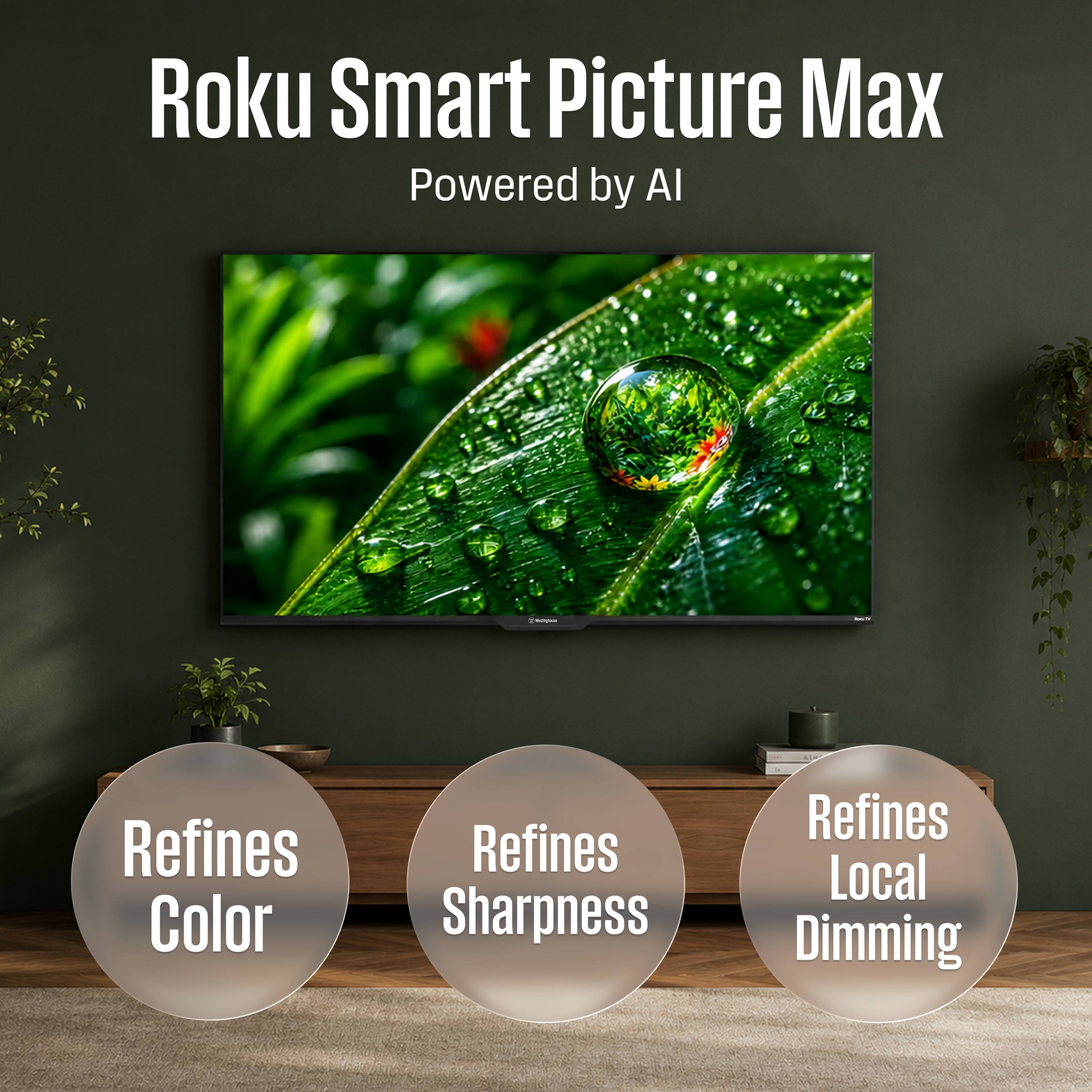 Roku Smart Picture Max  
Powered by AI  

2 Relylon  
MULTY  

Refines Color  
Refines Sharpness  
Refines Local Dimming