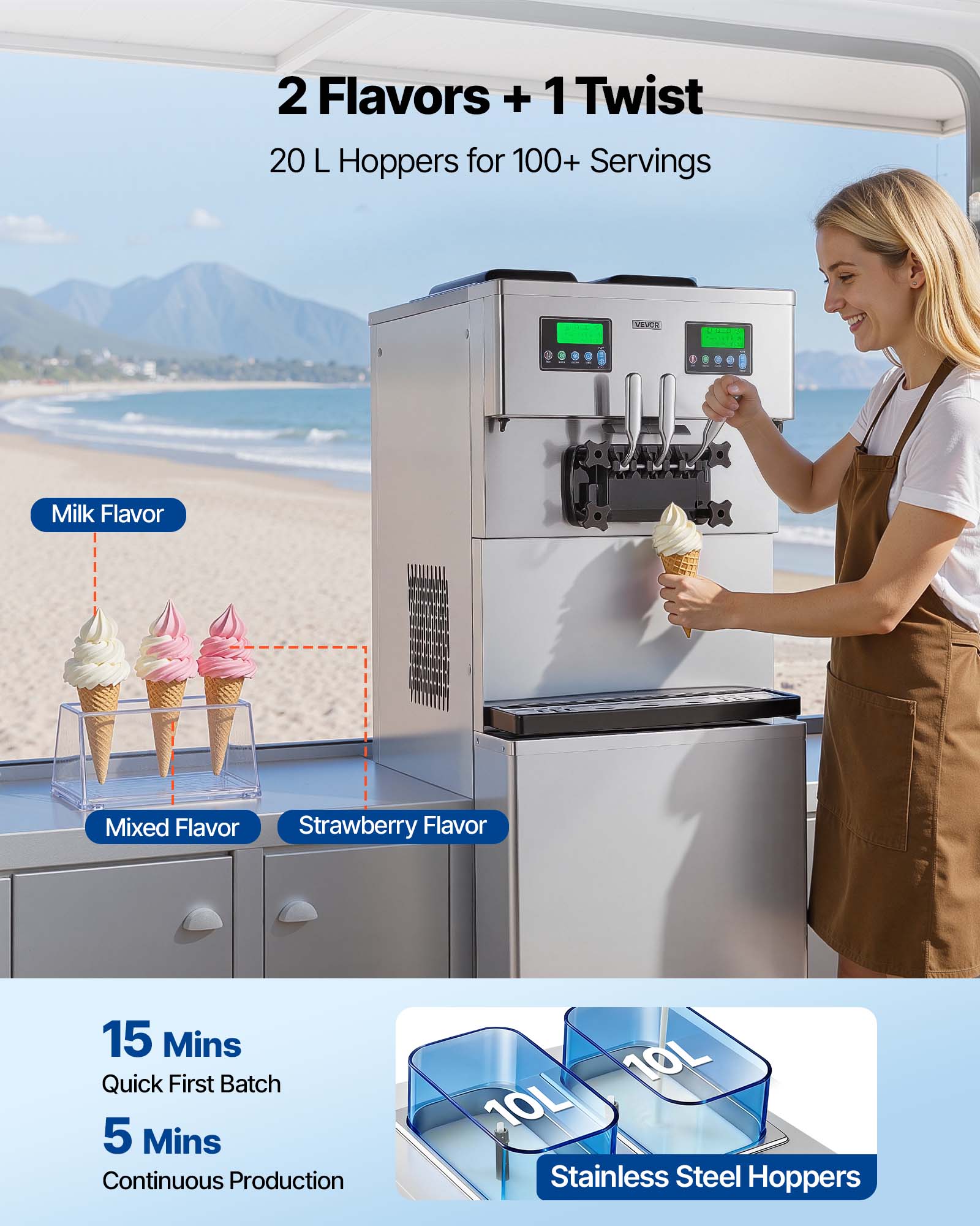 2 Flavors + 1 Twist  
20 L Hoppers for 100+ Servings  

VEVOR  
Milk Flavor  
Mixed Flavor  
Strawberry Flavor  

15 Mins Quick First Batch  
5 Mins Continuous Production  

10L 10L Stainless Steel Hoppers