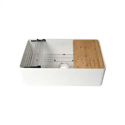 Front. Alfi - ALFI brand White Smooth Apron Workstation 33 x 20 Single Bowl Step Rim Fireclay Farm Sink - White.