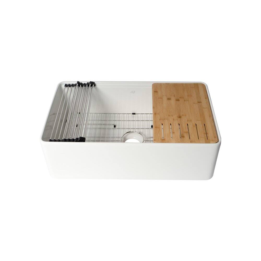 Front. Alfi - ALFI brand White Smooth Apron Workstation 33 x 20 Single Bowl Step Rim Fireclay Farm Sink - White.