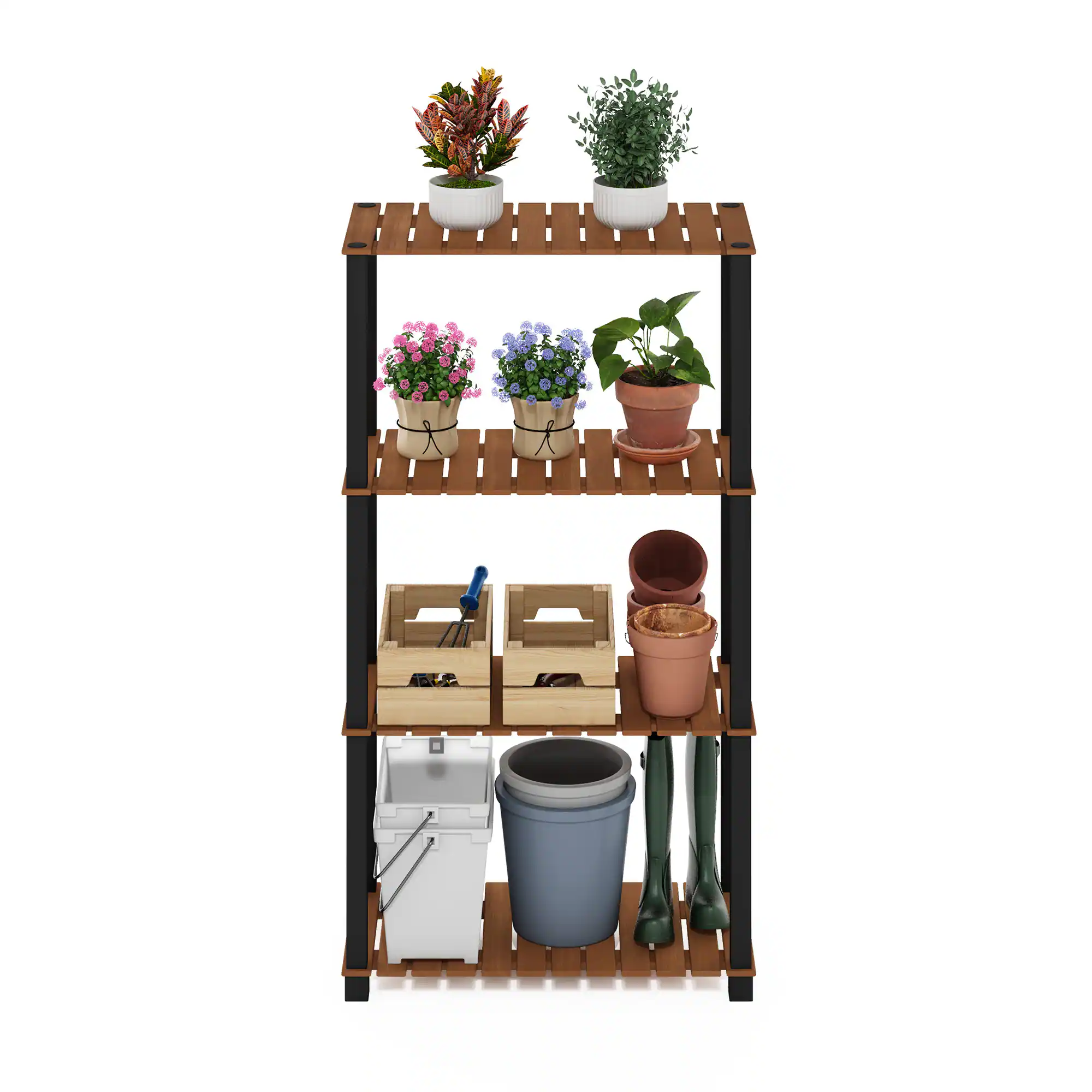 Alt View 4. Furinno - Pangkor 4-Tier Turn-N-Tube Indoor Outdoor Plant Shelf Wood Stand with Square Poles - Natural/Black.