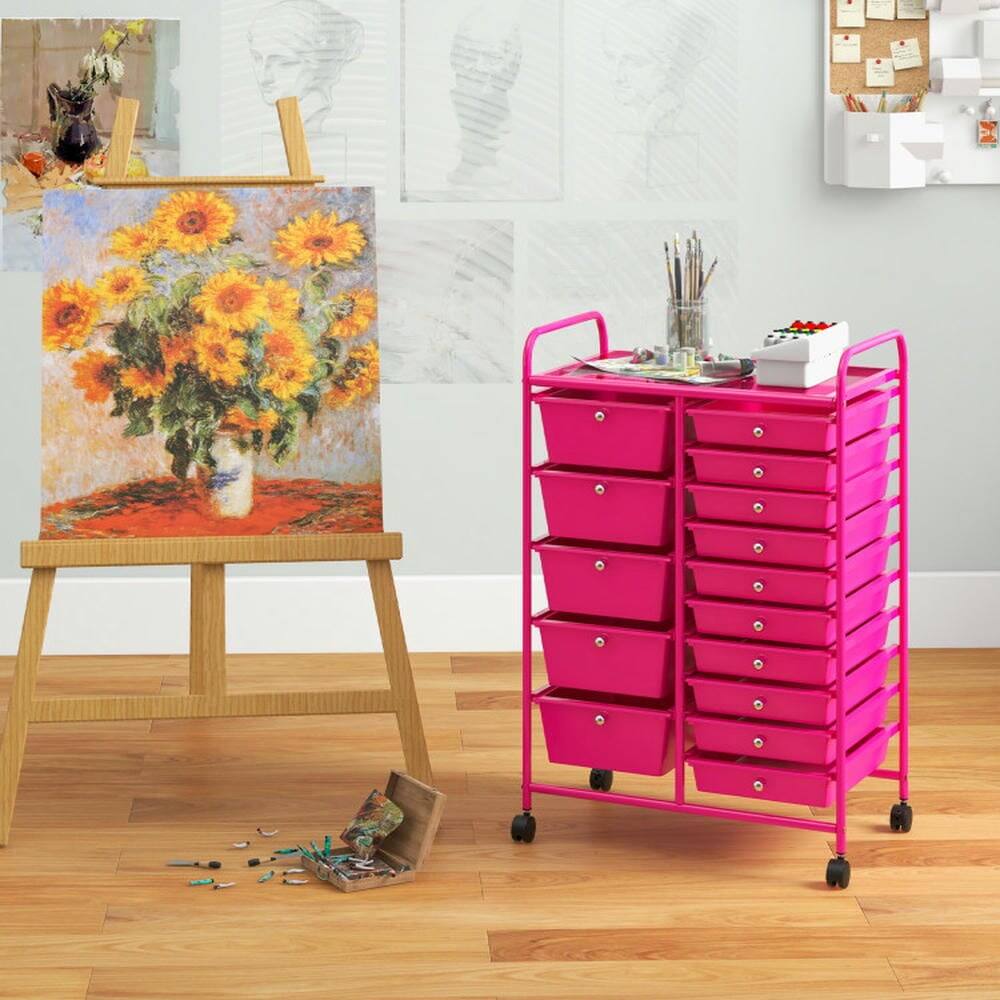 Angle. Pefilos - 15-Drawer Utility Rolling Organizer Cart MultiUse Storage-Pink, Craft Organizers and Storage, Multipurpose Organizer - Pink.