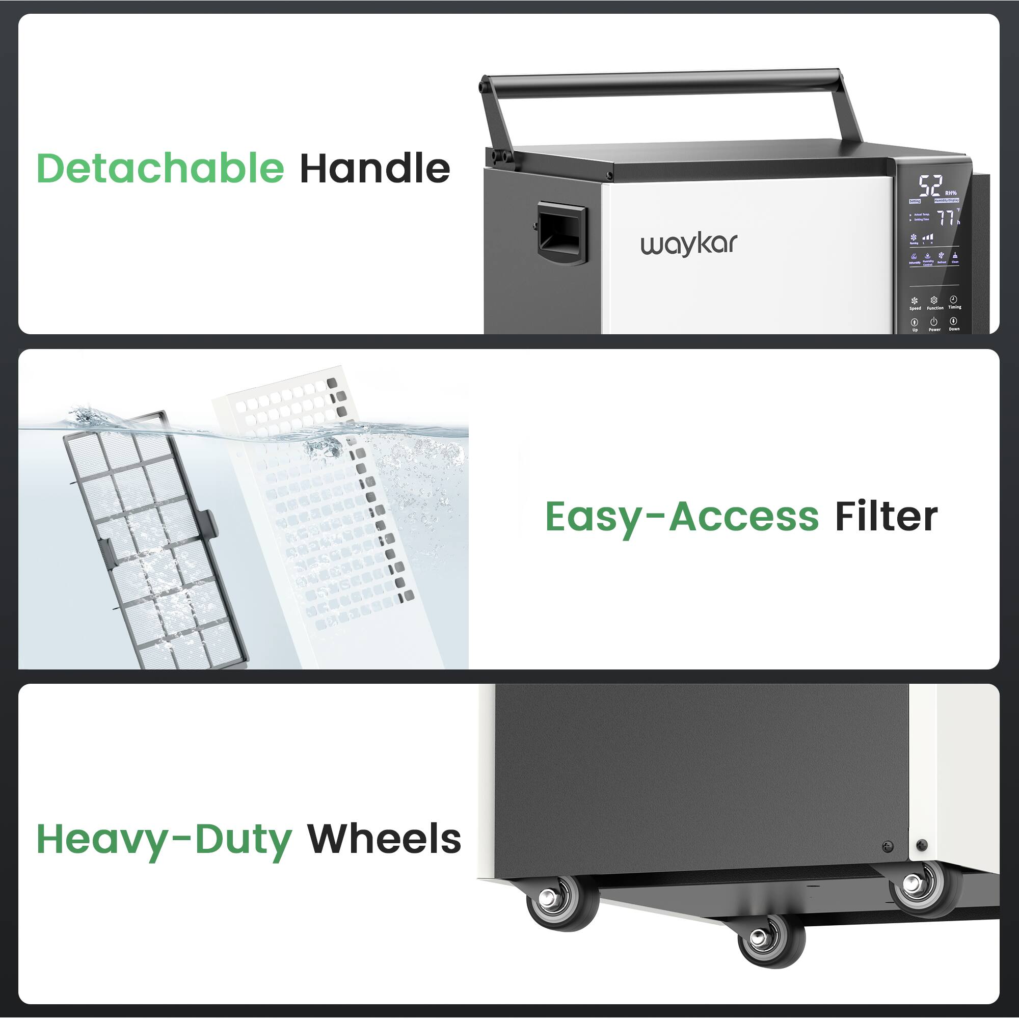 - Detachable Handle
- Easy-Access Filter
- Heavy-Duty Wheels