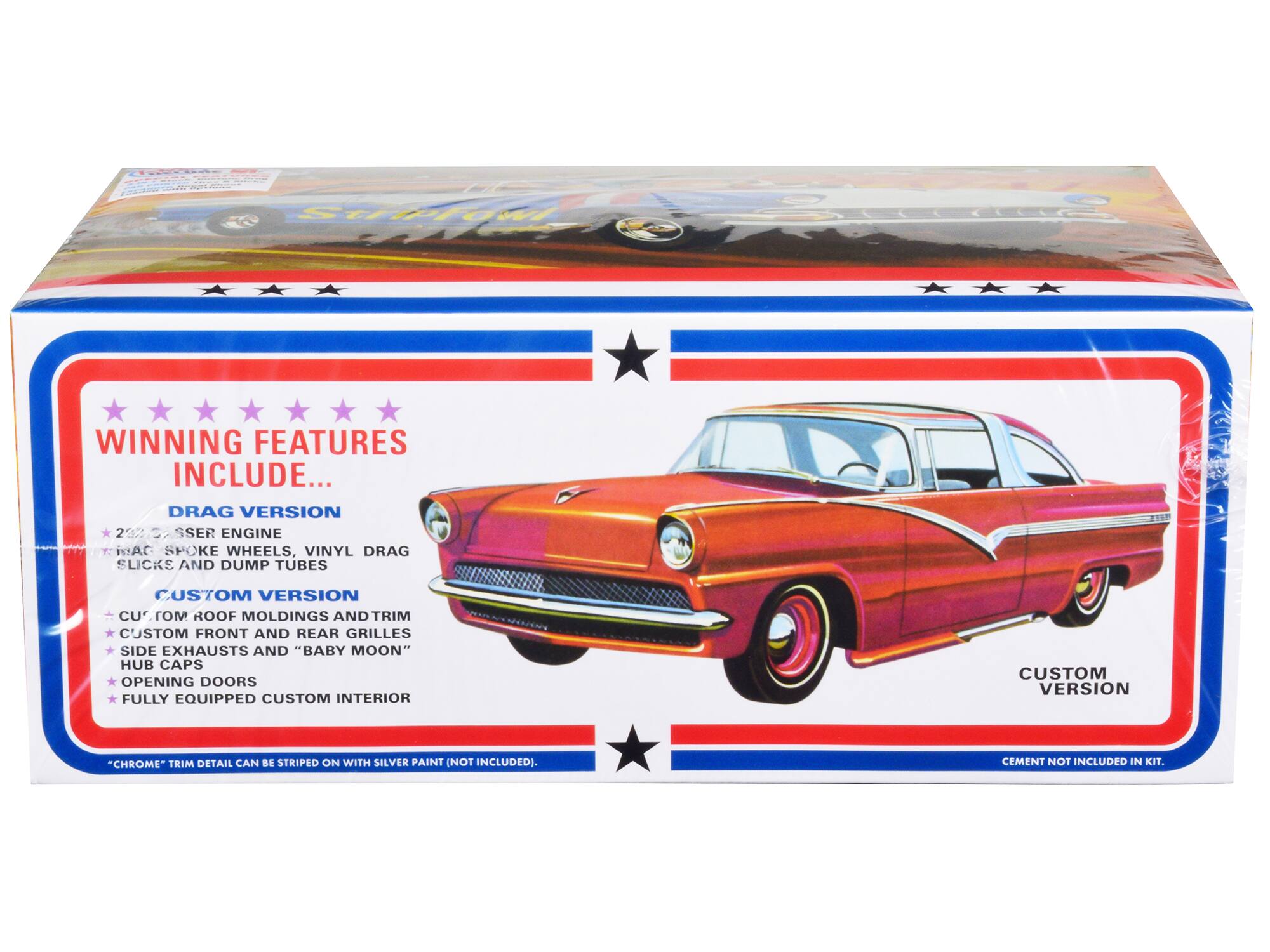 Striffowi WINNING FEATURES INCLUDE... DRAG VERSION 202 5 SSER ENGINE mAC SPOKE WHEELS, VINYL DRAG SLICKS AND DUMP TUBES CUSTOM VERSION CU' ROOF MOLDINGS AND TRIM CUSTOM FRONT AND REAR GRILLES SIDE EXHAUSTS AND "BABY MOON" HUB CAPS OPENING DOORS FULLY EQUIPPED CUSTOM INTERIOR CUSTOM VERSION CHROME" TRIM DETAIL CAN BE STRIPED ON WITH SILVER PAINT (NOT INCLUDED). CEMENT NOT INCLUDED IN KIT.