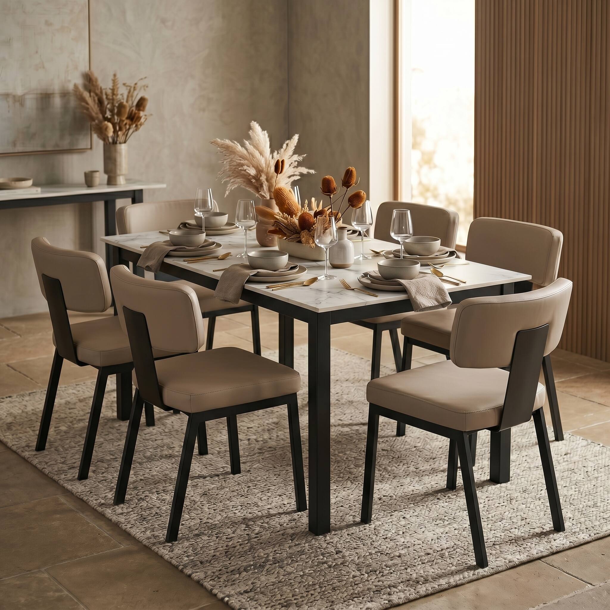 Left. LeisureMod - Teres 2-PCS Modern Curved Leather Dining Chair with Steel Legs & Signature Metal Accent Band, Poplar Wood Core - Light Taupe.