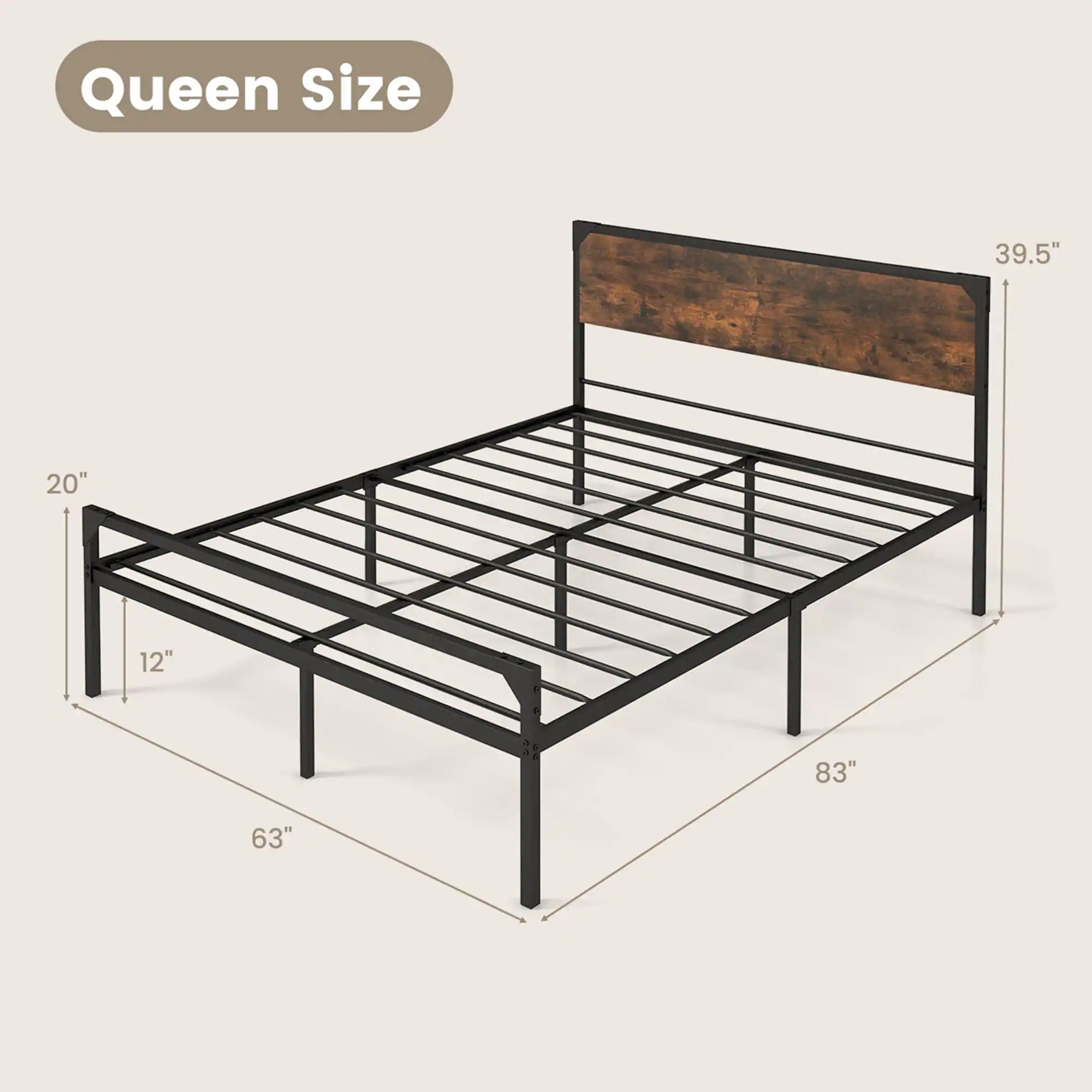 Alt View 2. Costway - Costway Platform Queen Bed with Rustic Headboard & Footboard Strong Metal Slat Support - Rustic Brown,Black.
