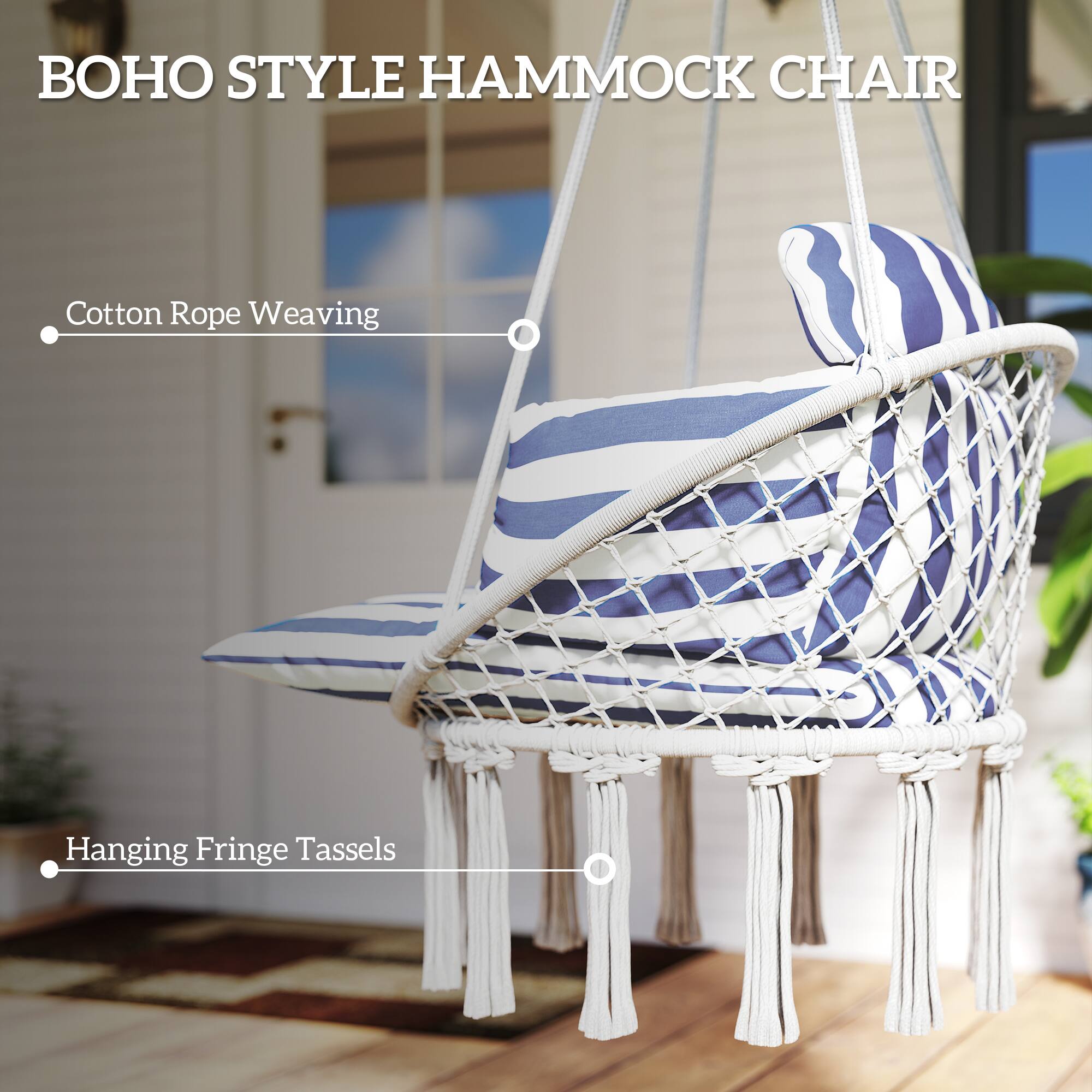 BOHO STYLE HAMMOCK CHAIR

- Cotton Rope Weaving
- Hanging Fringe Tassels