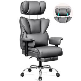 KERDOM - Ergonomic Executive Chair with Footrest, Lifting Armrest & Headrest Adjustable, Home Office Reclining PU Leather Chair - Gray
