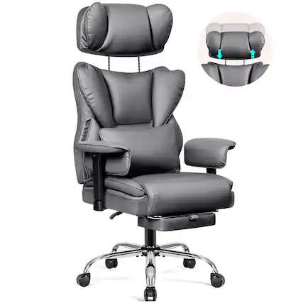 Front. KERDOM - Ergonomic Executive Chair with Footrest, Lifting Armrest & Headrest Adjustable, Home Office Reclining PU Leather Chair - Grey.