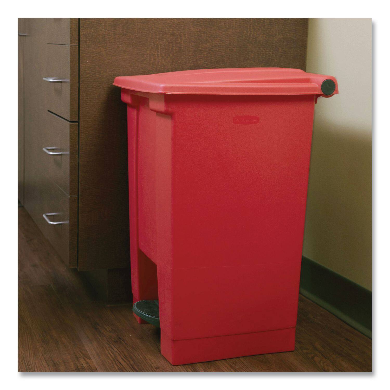 Back. RubberMaid - Indoor Utility Step-On Waste Container, 12 gal, Plastic, Red.
