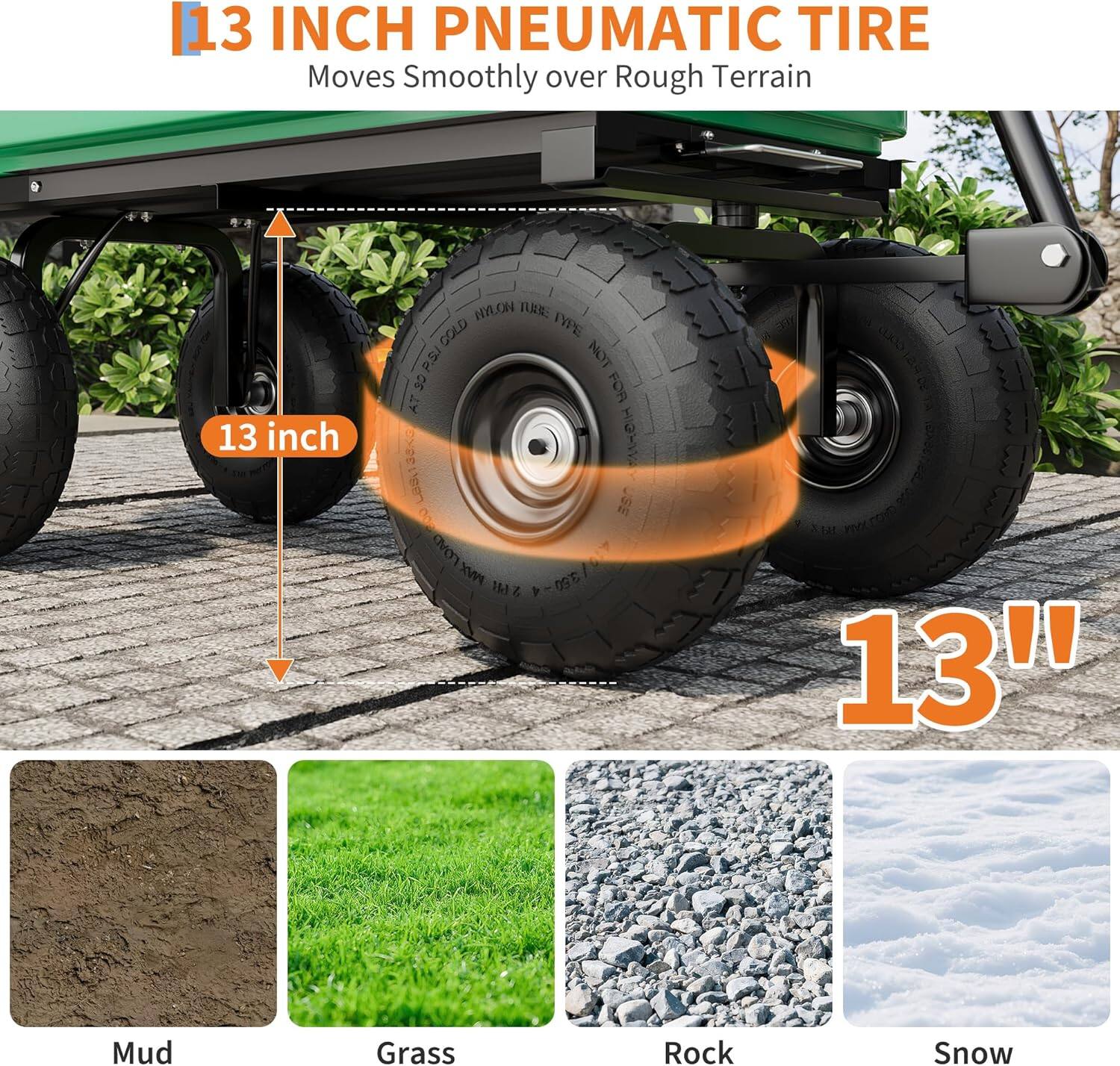 13 INCH PNEUMATIC TIRE  
Moves Smoothly over Rough Terrain  

13 inch  

13"  

Mud  
Grass  
Rock  
Snow