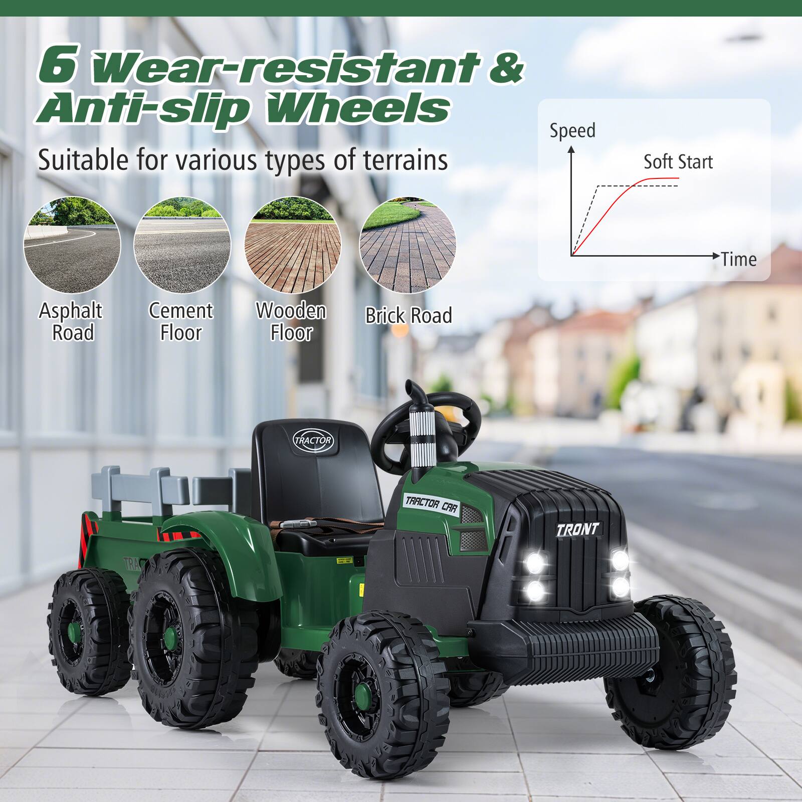 6 Wear-resistant & Anti-slip Wheels  
Suitable for various types of terrains  
- Asphalt Road  
- Cement Floor  
- Wooden Floor  
- Brick Road  

Speed  
Soft Start  
Time  

TRACTOR CAR  
TRONT