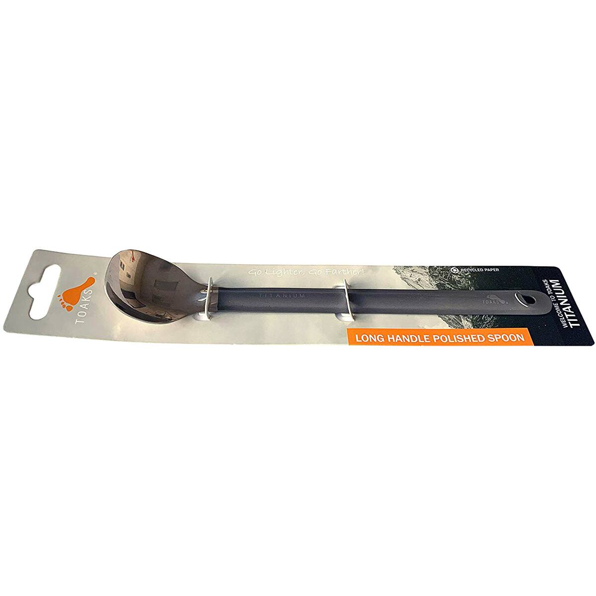 TOAKS Farther. Go Lighter. CO LIS A SAIUM DALINO LONG HANDLE POLISHED SPOON FOAKS e TITANIUM METAL