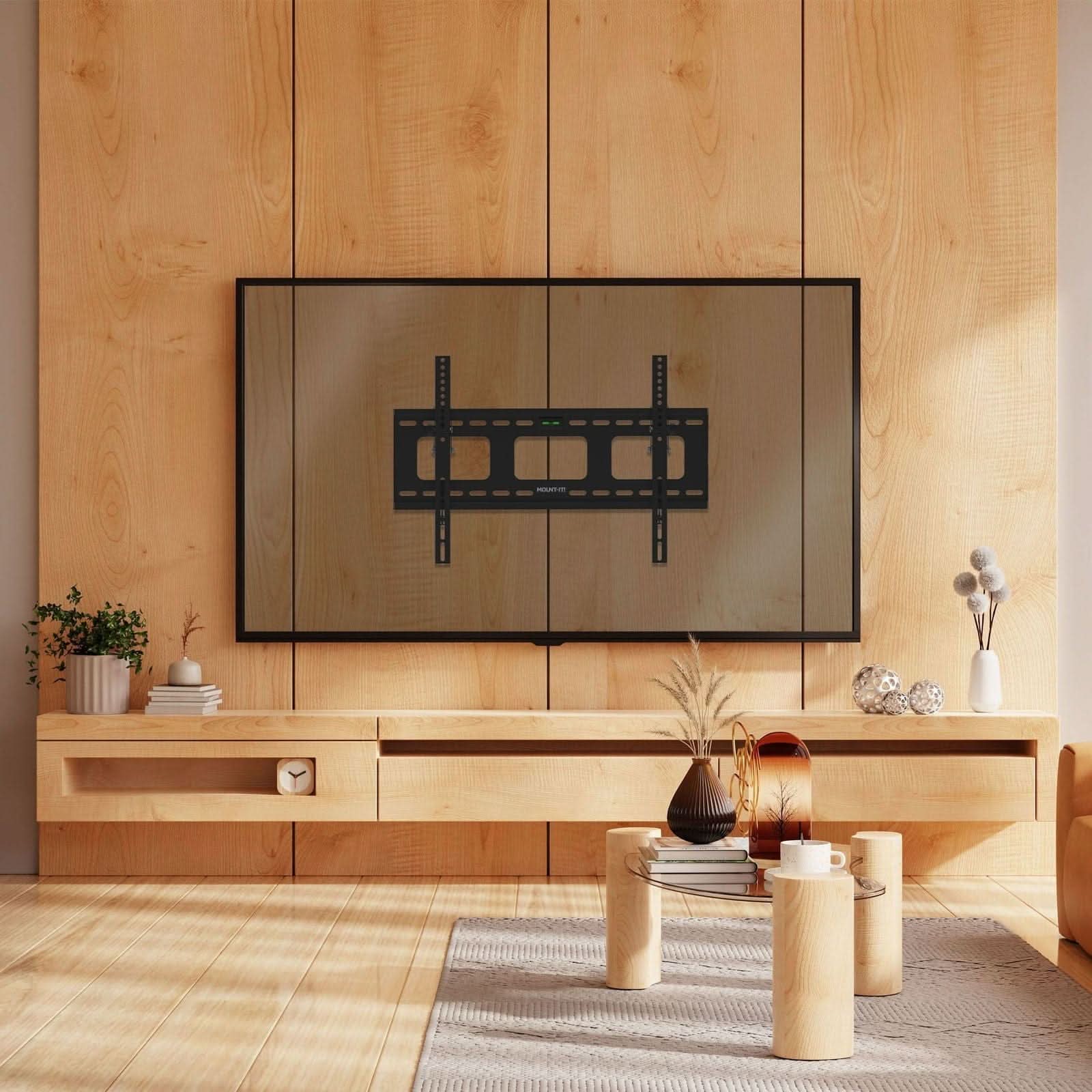 Left. Mount-It! - Heavy-Duty Tilt Low-Profile TV Wall Mount for 37"–80" TVs, Steel Bracket, Adjustable Tilt - Black.