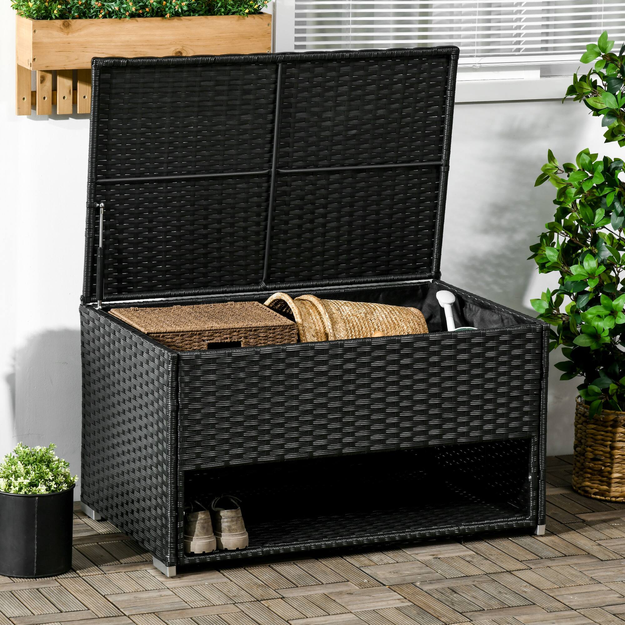 Alt View 1. Outsunny - Outdoor Deck Box & Shoe Storage, PE Rattan Wicker Towel Rack with Liner for Indoor, Outdoor, Patio Furniture Cushions - Black.