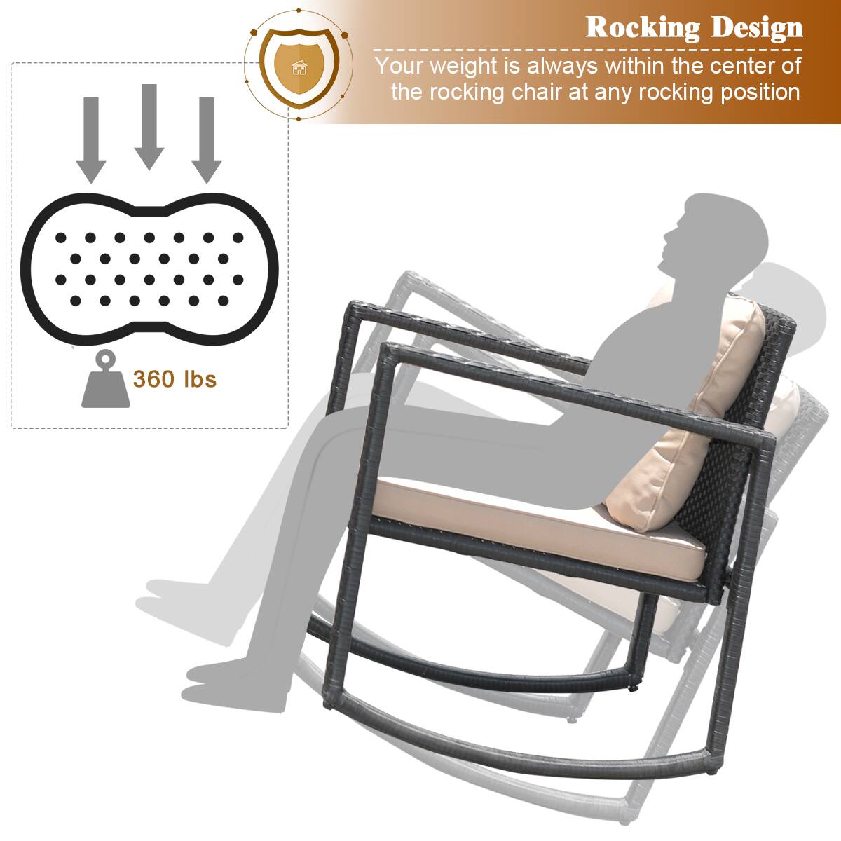 Rocking Design: Your weight is always within the center of the rocking chair at any rocking position. It can hold up to 360 lbs.