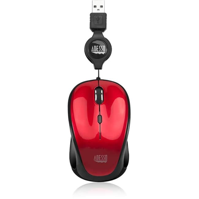 Adesso - iMouse S8R - USB Illuminated Retractable Mini Mouse - Optical - Cable - USB 2.0 - 1600 dpi - Scroll Wheel - Wired - Red