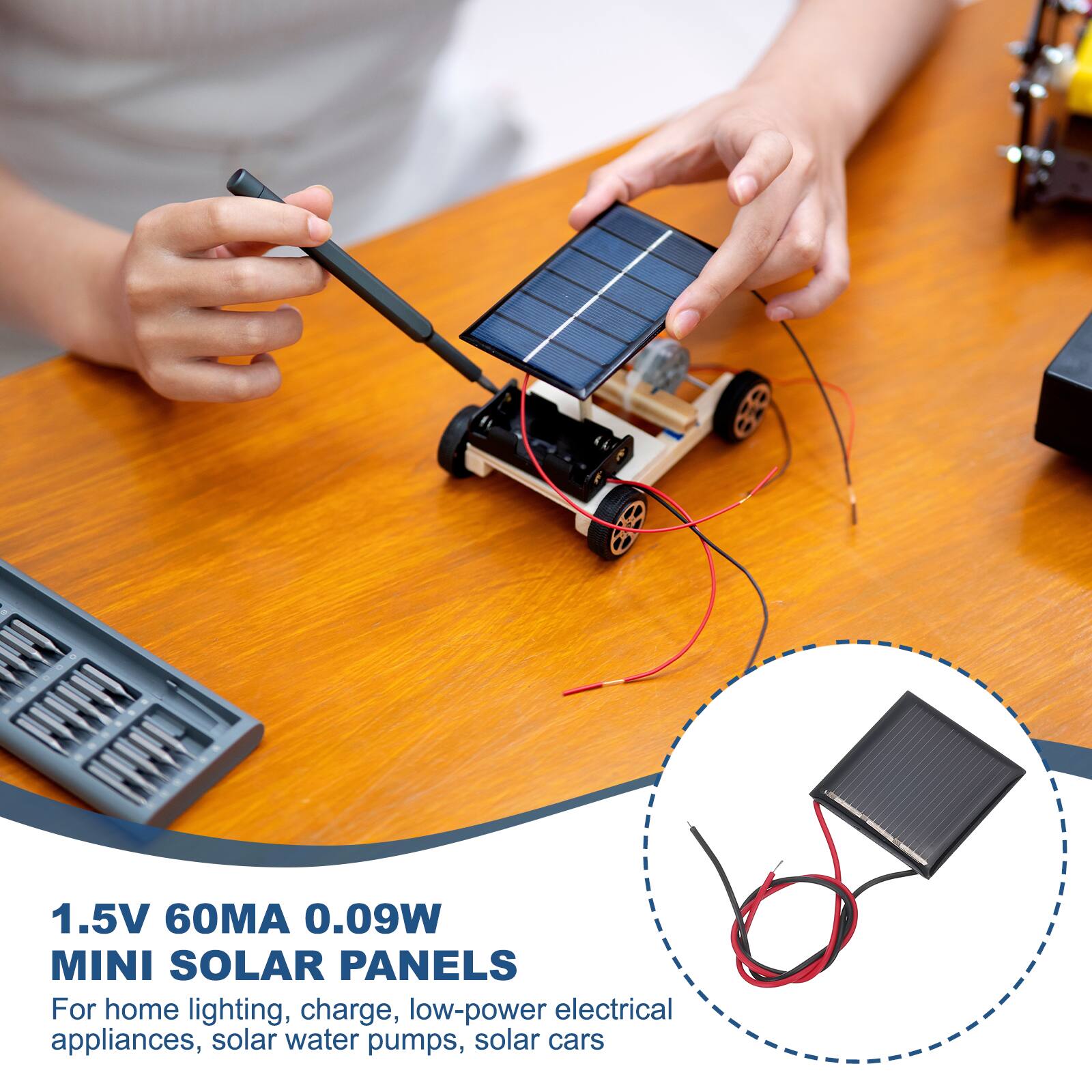 1.5V 60MA 0.09W MINI SOLAR PANELS

For home lighting, charge, low-power electrical appliances, solar water pumps, solar cars