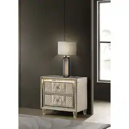 Loheer - LED Nightstand with USB-A and USB-C Ports, Velvet, 2 Drawers - Ivory and Camel