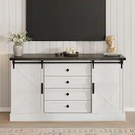 Qeetex - 58.7" Farmhouse TV Stand for 65 Inch TV, Sliding Barn Doors, 4 Drawers, Adjustable Shelves - White