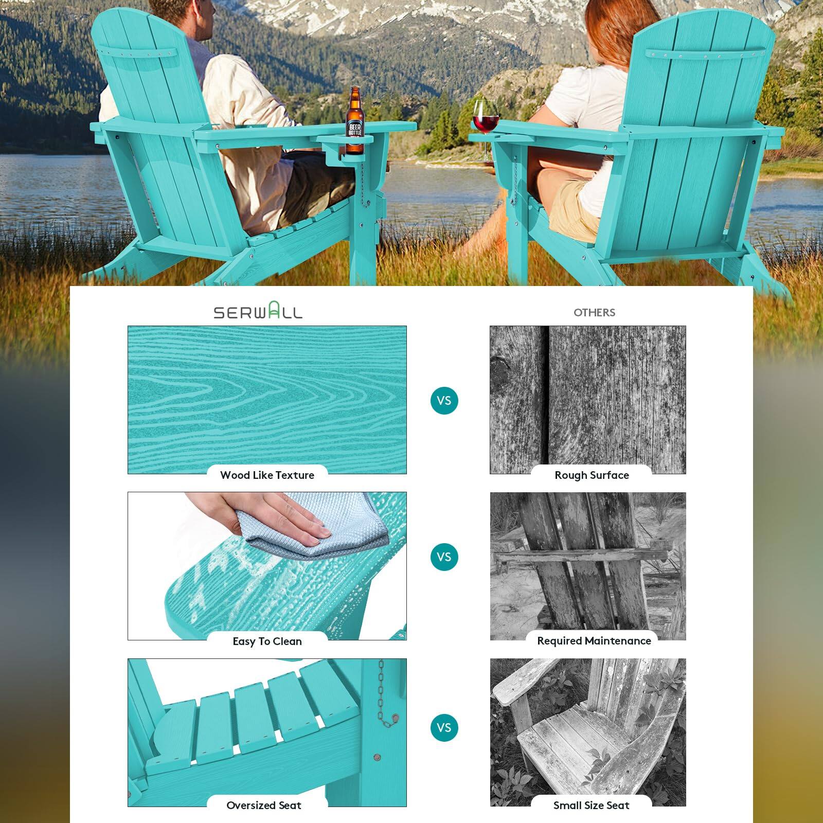 - SERWALL vs OTHERS
- Wood Like Texture vs Rough Surface
- Easy To Clean vs Required Maintenance
- Oversized Seat vs Small Size Seat