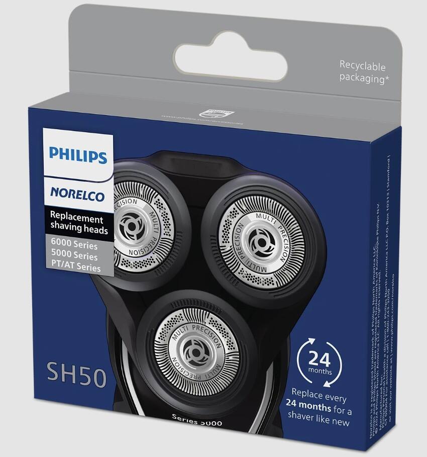 Recyclable packaging*

PHILIPS NORELCO  
Replacement shaving heads  
6000 Series  
5000 Series  
PT/AT Series  

SH50  

Replace every 24 months for a shaver like new  

MULTI PRECISION  
MULTI PRECISION  
MULTI PRECISION  

Series 5000  

24 months